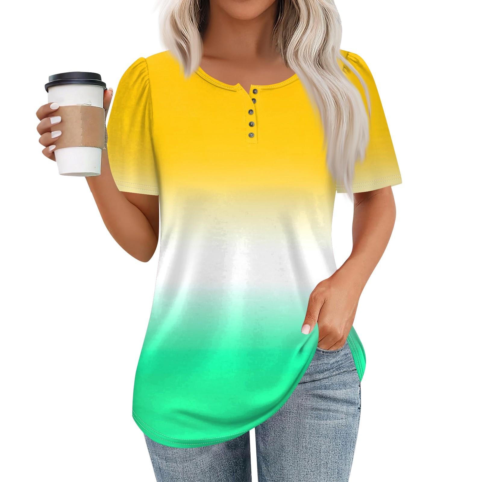 

Женский модный повседневный короткий рукав пуловер с принтом на пуговицах и круглым вырезом XL жёлтый