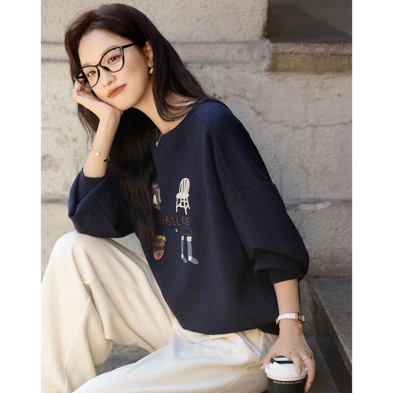 DeMana Women's Korean Style Embroidered Round Neck Sweatshirt