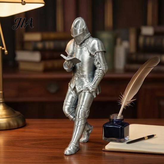 Classic Armor Plate Decor for Garden Medieval Knight Bookshelf Decor, Silver-Finished Armored Statue, Fantasy Home Relaxed Posture Collection