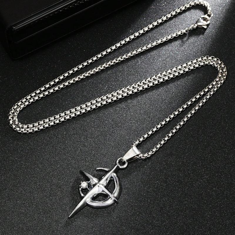 1pc European & American Fashion Halloween Crescent Moon & Star Pendant Necklace, Stainless Steel Bead Chain for Men & Women