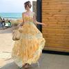 French Dopamine Yellow Beautiful Seaside Fairy Fluttering Holiday Pendulum Suspender Dress Printed Photo Dress