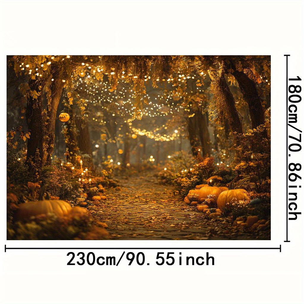 Piano 2D 1 pezzo di tessuto di sfondo per sentiero nella foresta magica - foglie autunnali dorate rami luminosi e decorazioni di zucche