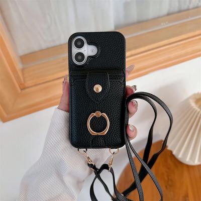 Crossbody Ring Stand Phone Case for IPhone 16 15 Plus 14 11 Pro Max 13 12 Mini Mirror Wallet with Card Holder Leather Cover