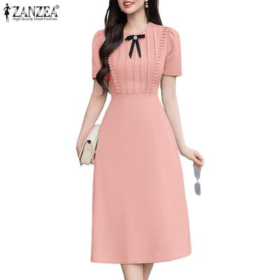 Women Elegant Bow O-neck Casual Summer Short Sleeve Dress