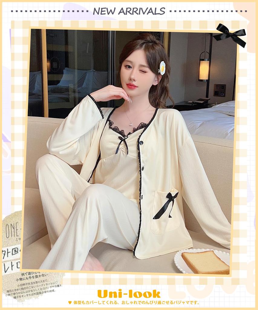 PHOLEEY Pajama Set with Lace and Cute Pajamas for and Fall Women's 3-Piece Cardigan, Spring, Summer,