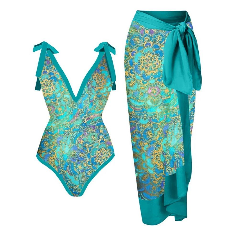 New One-piece Swimsuit Multi-color Printed Hip-wrapped Gauze Skirt Anti-light Two-piece Sunscreen Swimsuit