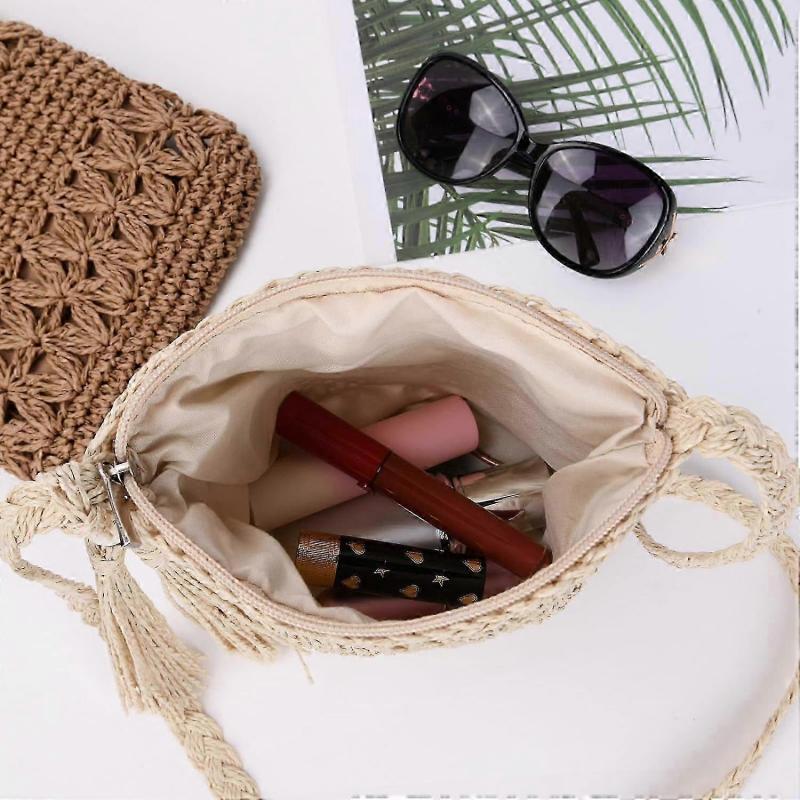 Straw Bag for Women, Summer Beach Straw Bag with Tassel, Weave Handmade Single Crossbody Bag with Zipper