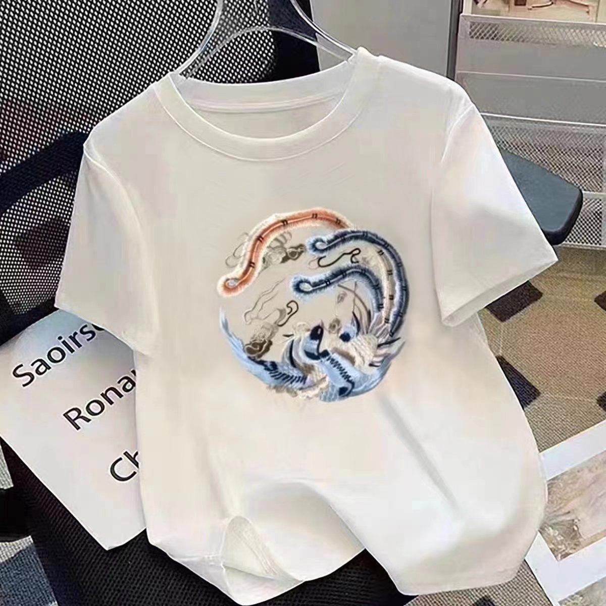 

New Chinese pure cotton short-sleeved women s 2025 summer new Chinese style printing T-shirt round neck versatile t-shirt batch XXXL