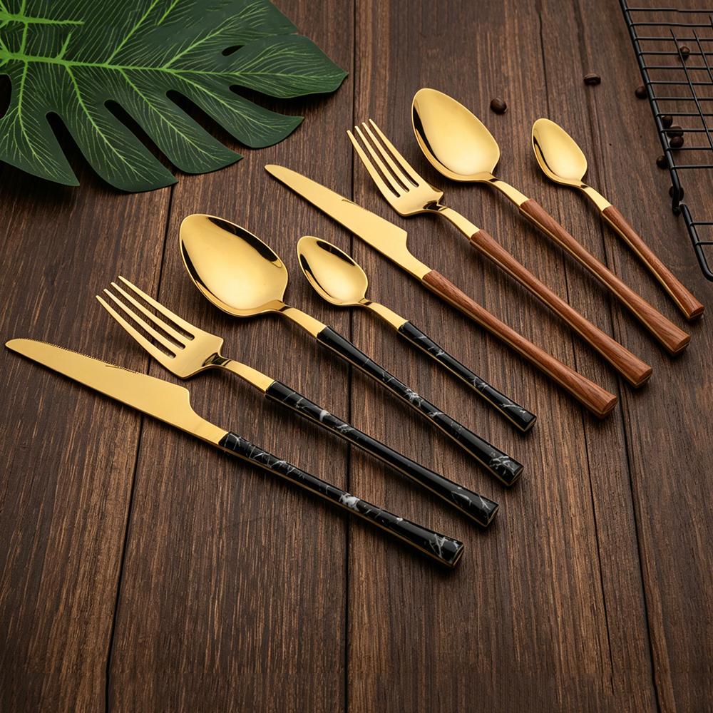 5Pcs Imitation Wooden Handle Dinnerware Cutlery Set Stainless Steel Tableware Western Knife Fork Spoons Silverware Flatware