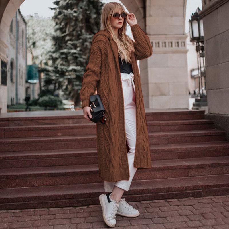 Pull Cardigan pour Femme Nouveau Style Couleur Unie à Capuche Long Ample Tricot Torsadé Vêtements Femme