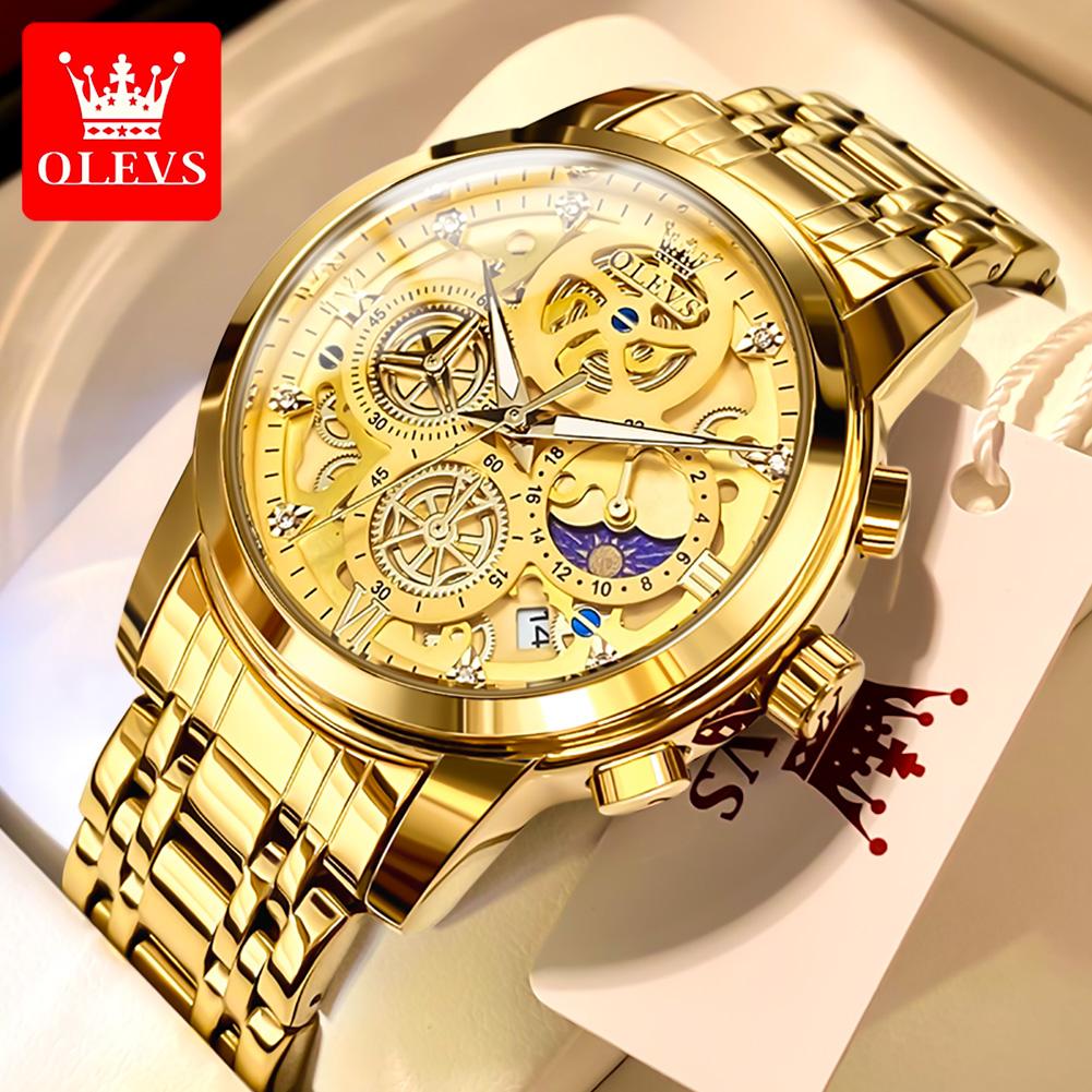OLEVS 9947 Sell Original Quartz Watch for Men Skeleton Flywheel Design Classic Chrono Small Dial Top Luxury Men's Wristwatch