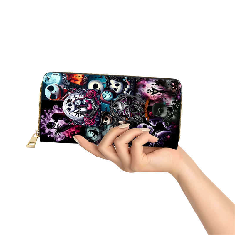 Portafoglio PU Nightmare Before Christmas Donna Lunga Zip Busta Borsa Trucco Jack Skellington Nero 4pz