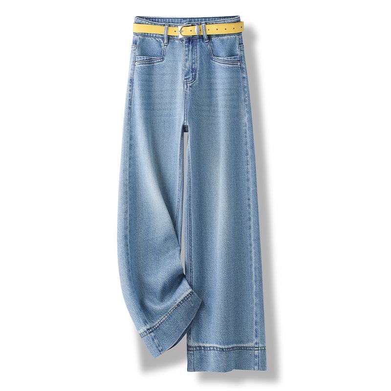 

Women s High Waist Cotton Wide-Leg Denim Pants - Slimming, Soft Drape, Solid Color, Spring/Summer Casual. 31