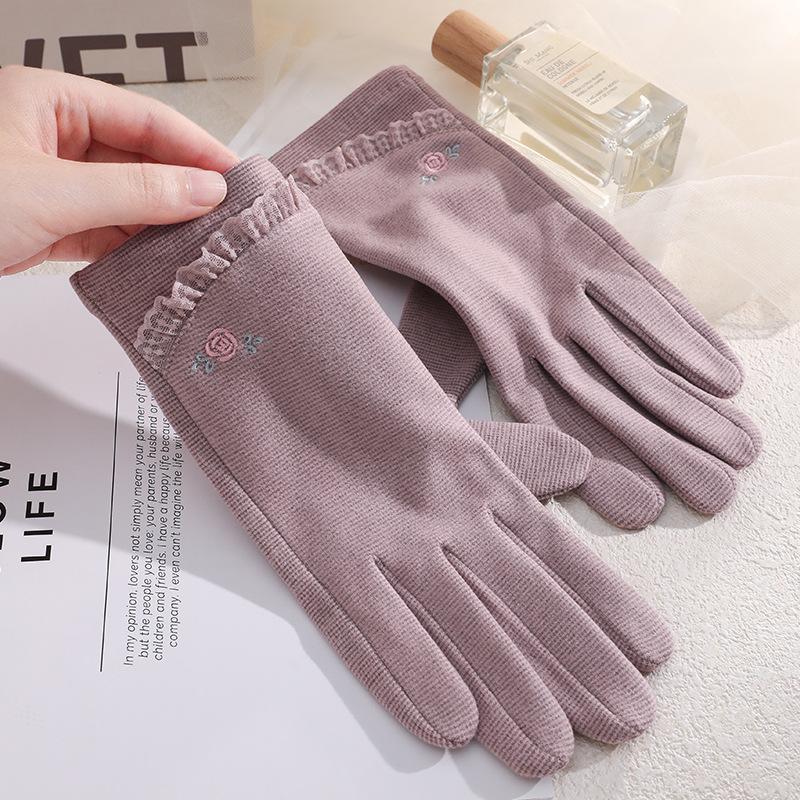 Warm Gloves Single Layer Women's Elegant Lace Houndstooth Outdoor Riding Cold Proof and Wind Proof Touch Screen Autumn and Winter Gloves