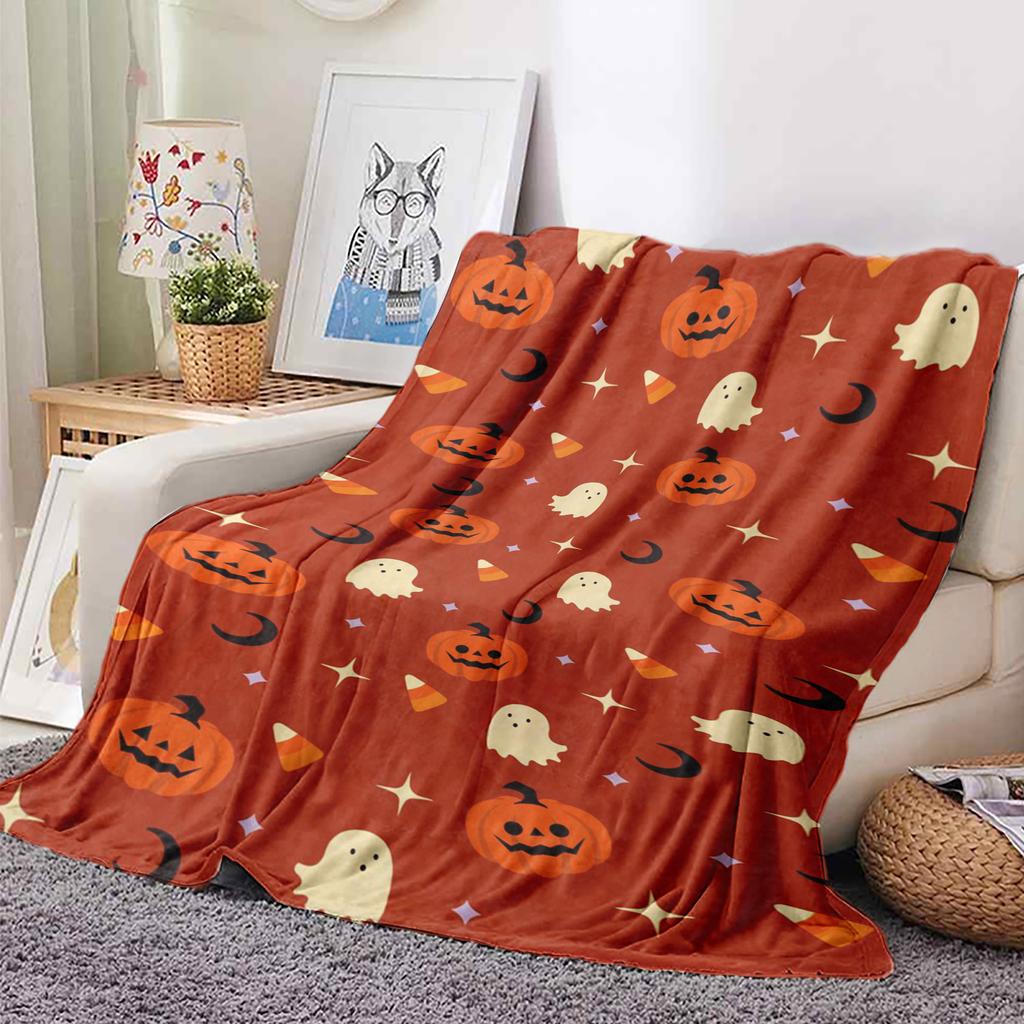Festive Halloween Pumpkin and Ghost Print Flannel Blanket Perfect Gift for Sofa Office Bed Plane Travel Sleep Read Relax Camping
