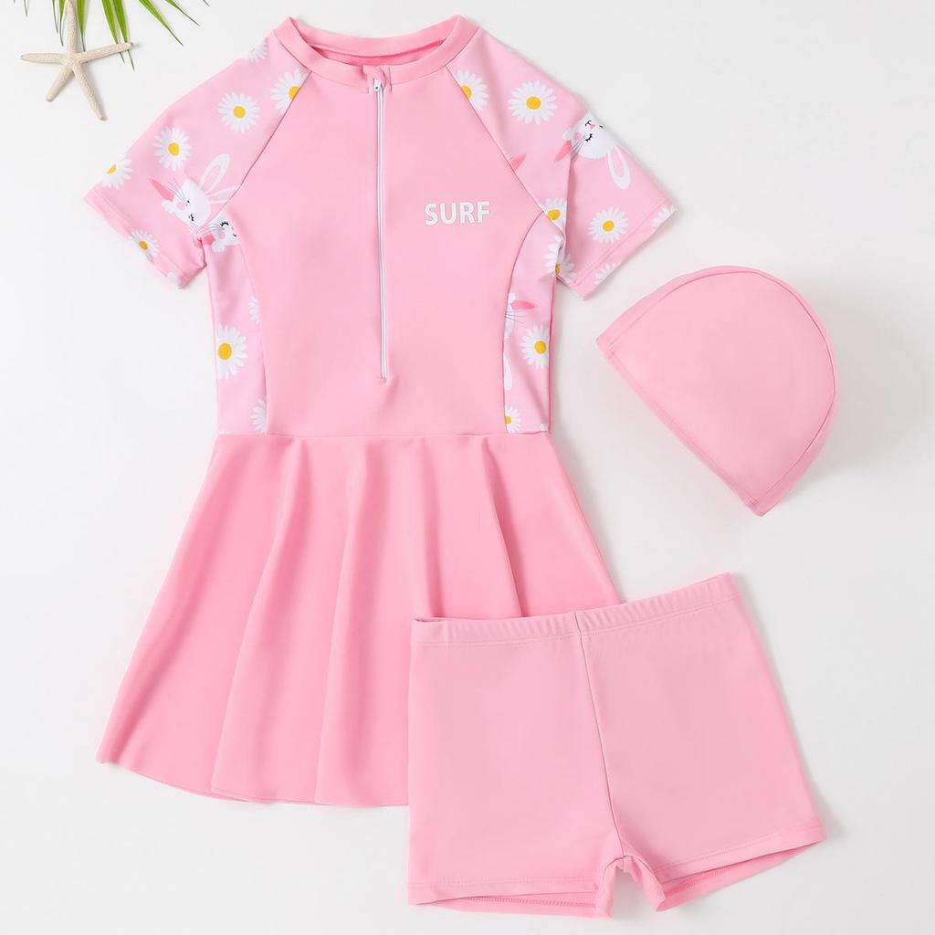 Girls' 2025 Slimming One-Piece Skirt Swimsuit: Cute, Quick-Dry, Three-Piece Student Swimwear
