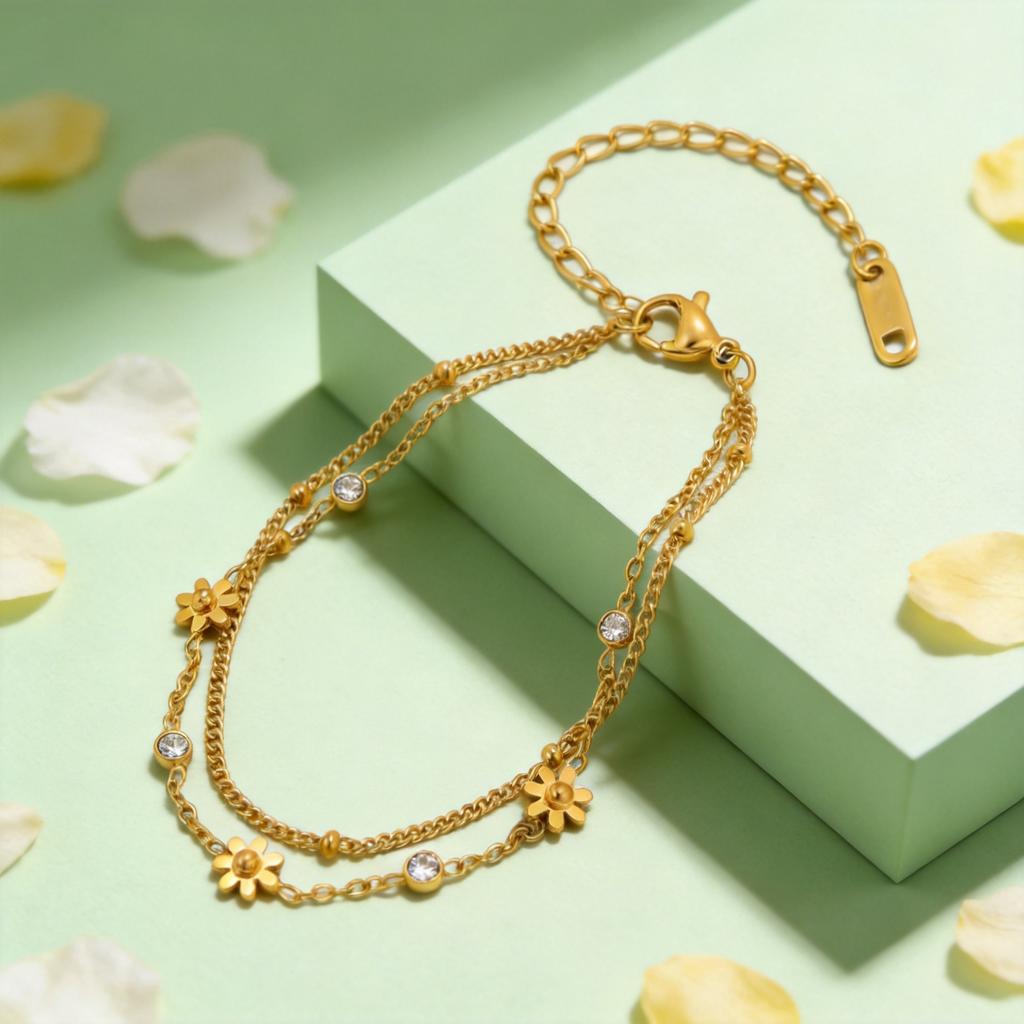 Stainless Steel Daisy Bracelet for Women Elegant Floral Zircon Bracelets Link Chain Daily Party Jewelry Gift