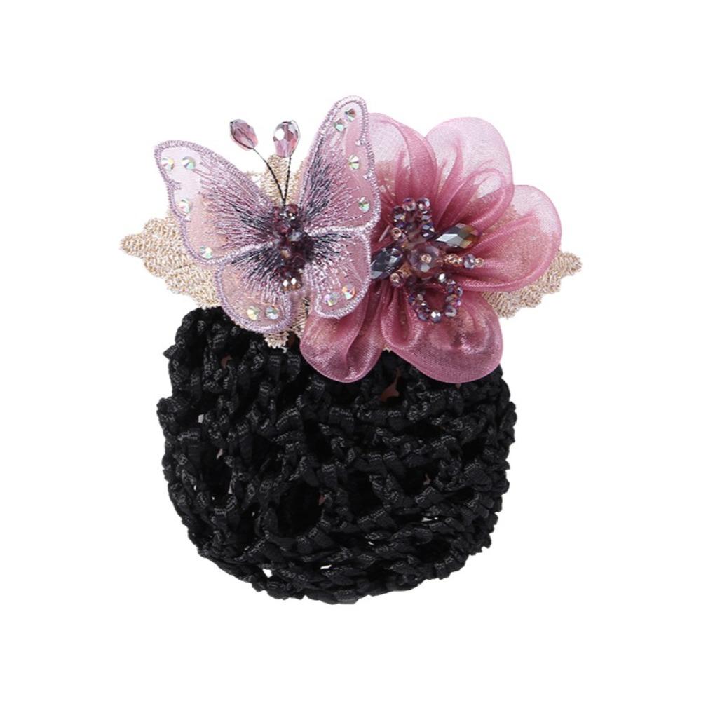 Butterfly Flower Elastic Hair Net Rhinestone Beads Decor Hair Bun Holder  Hotel Staff Uniform
