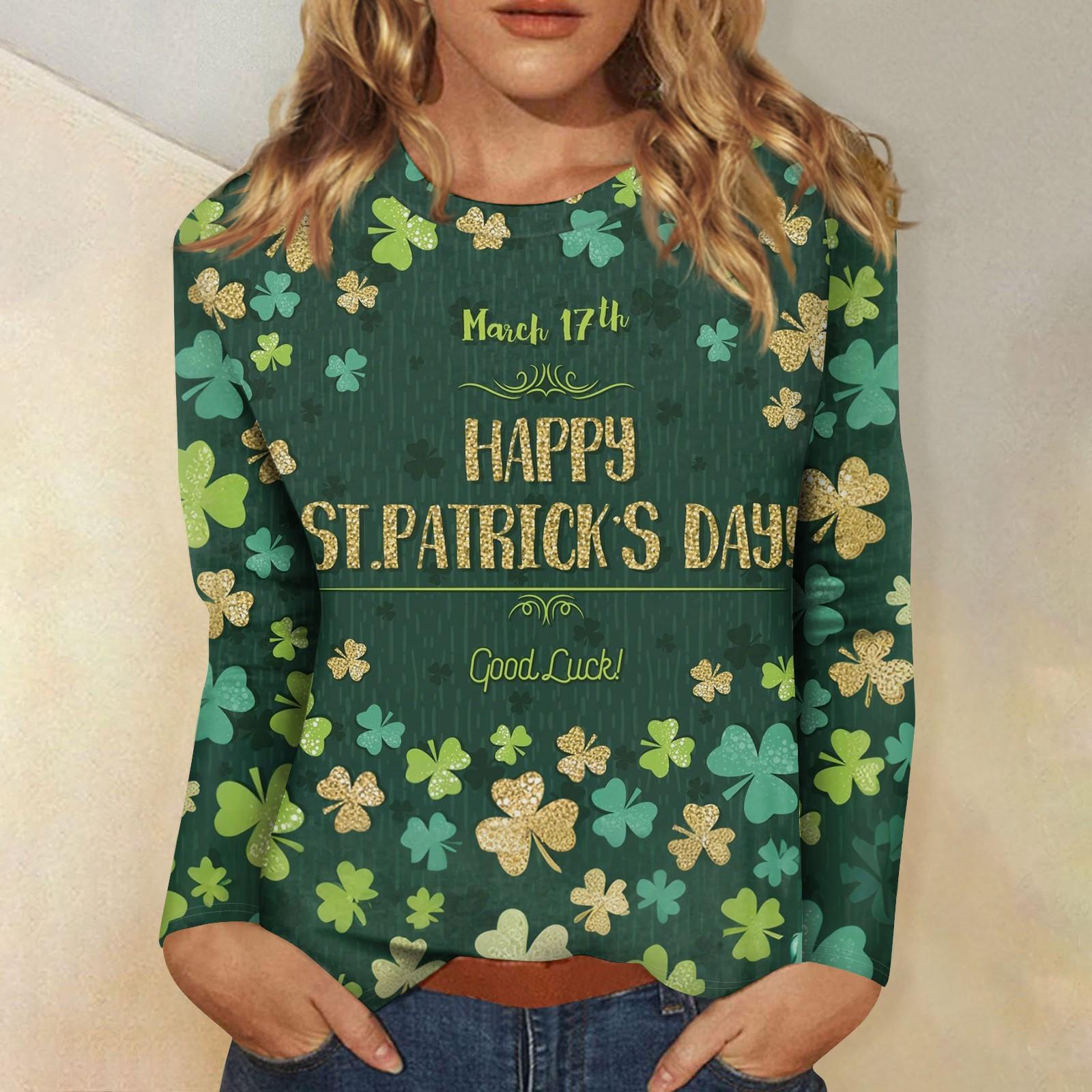 

Женская мода вскользь с длинным рукавом St. Блузка-пуловер с круглым вырезом и принтом ко Дню Святого Патрика XXXL циан