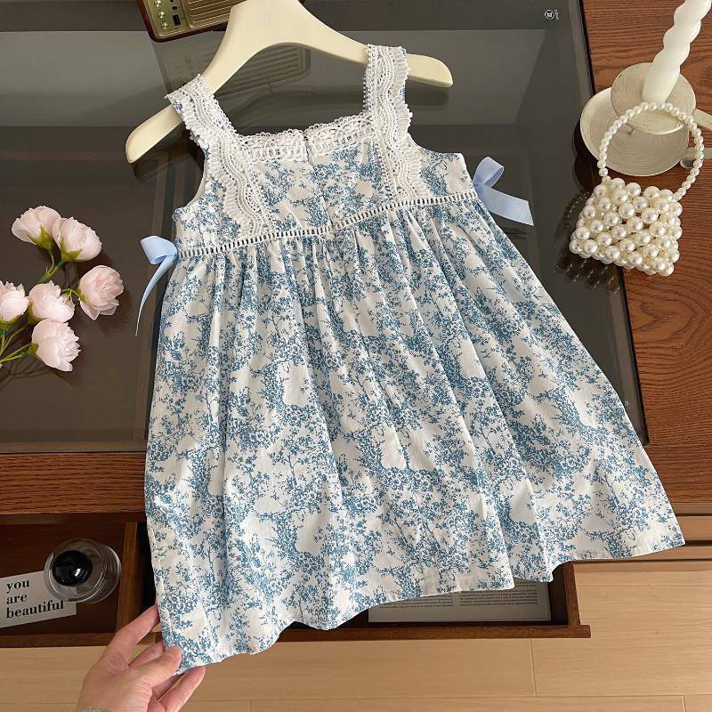 Girls Summer Blue Porcelain Floral Backless Dress Baby Bow Sleeveless Princess Sundress For Kids 90cm
