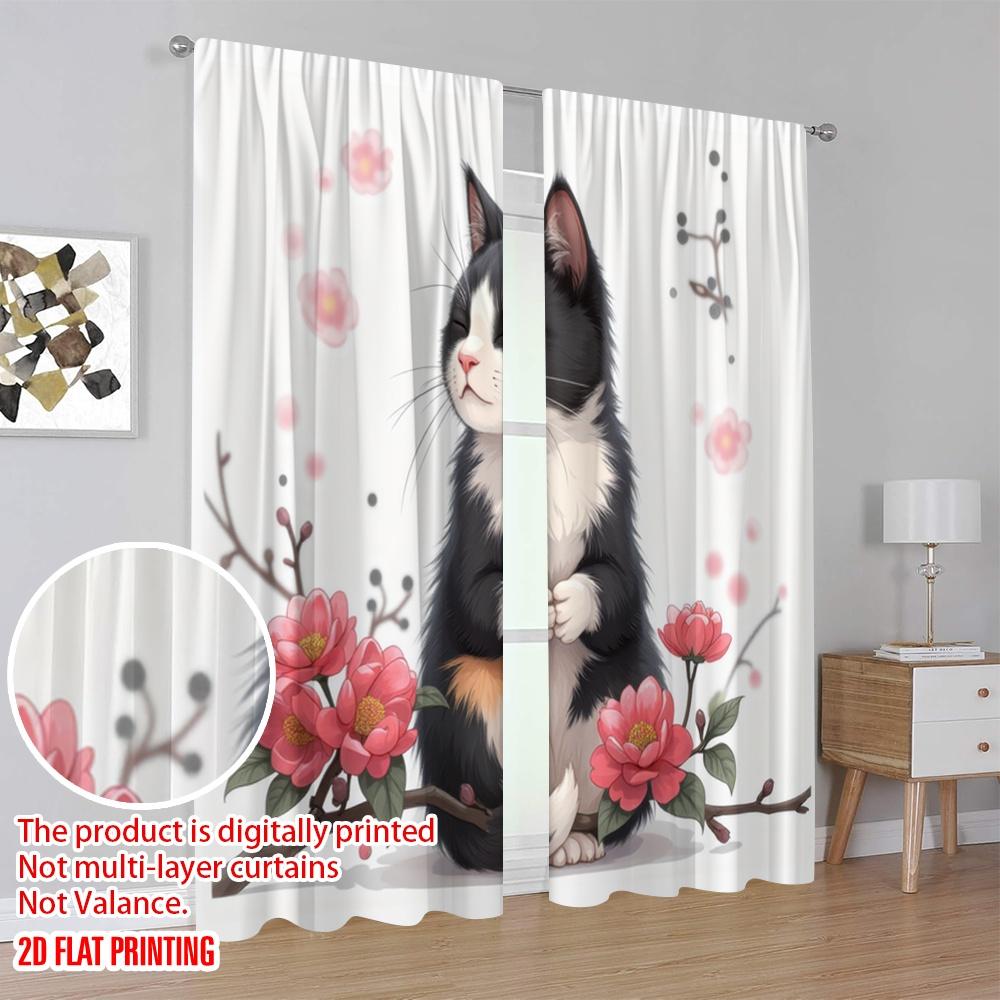 2pcs,2D Plane Printing Contemporary Curtains Zen Cat Blossom Polyester Easy Install (without Rod) Versatile All Perfect for