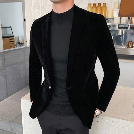 Spring Men Blazer Solid Color Turndown Collar Long Sleeve Slim Fit Single Button Velvet Suit Coat Streetwear