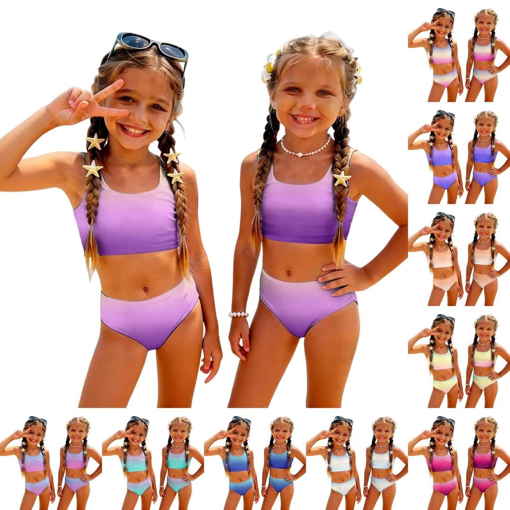 Girls Two Piece Swimsuit Set Gradient Print Sleeveless Crop Top and High Waist Bottoms Summer Beach Swimwear for Kids