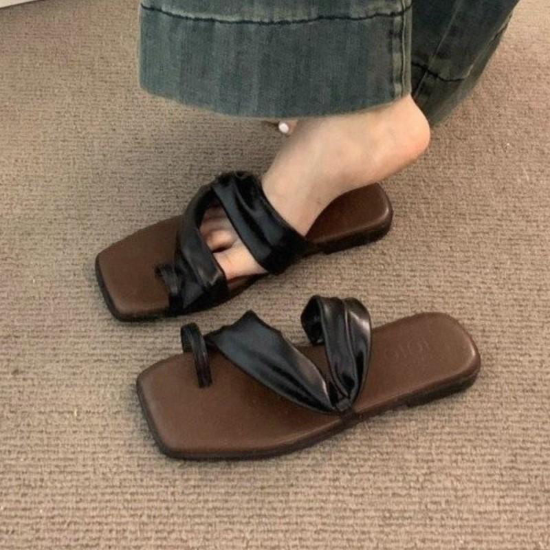 

Fashion Korea Summer Retro 2025 Square Toe Toe-Loop Flat Sandals Vintage Slide Slippers Beach Casual Shoes Slingback Outdoor Footwear 35