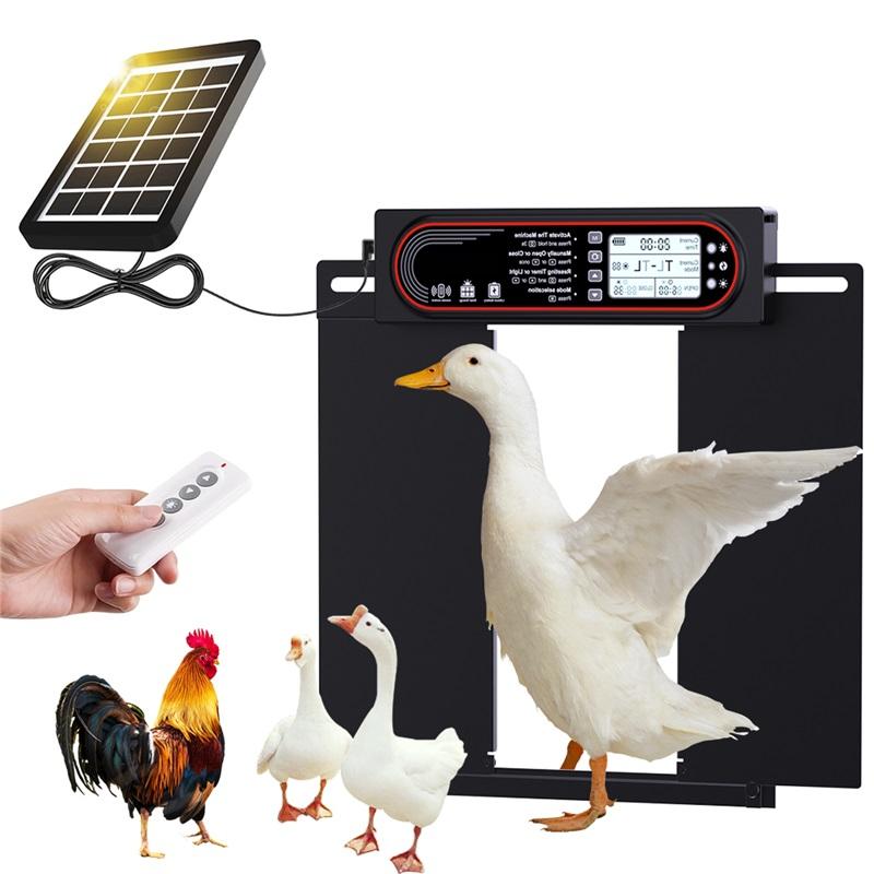 Automatic chicken coop door, hand-protection function, large-sized LCD display, timing mode and light sensor, solar-powered automatic operation