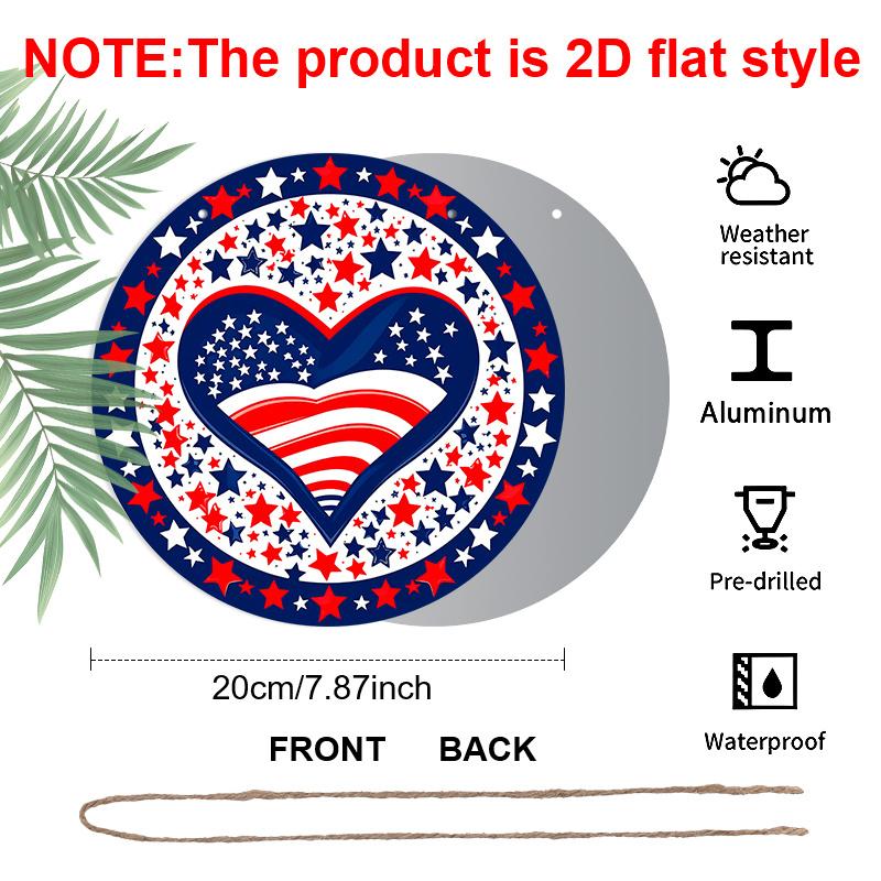 2D Flat, 1pc Round Patriotic Aluminum Hanging Sign, USA Flag Heart with Red White Blue Stars Design, Weatherproof Metal Wall Decor, Perfect for 4th