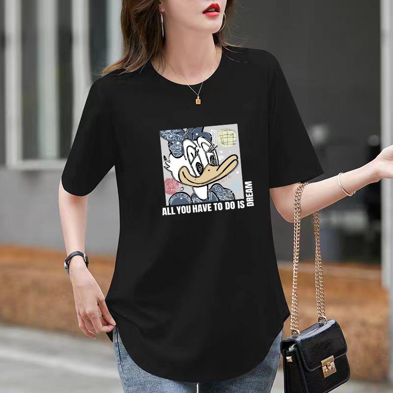 Ny Sommarvit Mellångd Böjd Kortärmad T-shirt för Dam Nisch Tecknad Tryckt Lös Topp