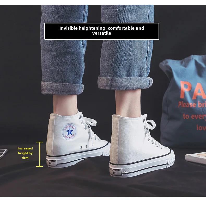 Tênis de lona feminino com salto alto de 6 cm - Primavera/Outono 2024, calçado casual de algodão estilo coreano de cano alto
