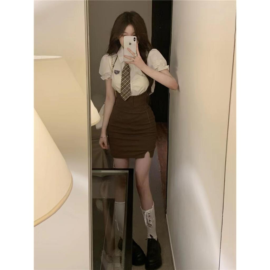 Summer Academy Style Small Strap Skirt Waist Sweet Spice Girl Short Skirt Chic Skirt Fake Two-piece Dress