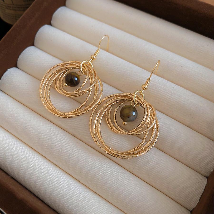 

New Tiger s Eye Stone Round Pendant Ear Hook Literary Temperament Versatile Earrings Light Luxury Niche Earrings