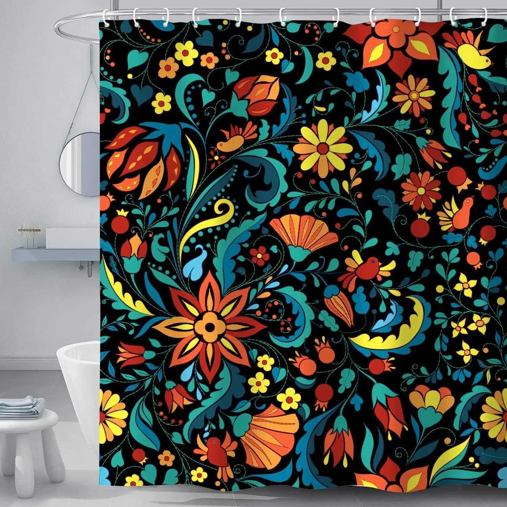 Mexican Floral Shower Curtain, Ethnic Art, Birds and Paisley, Flowers in White,Polyester, Waterproof, Bathroom Decor