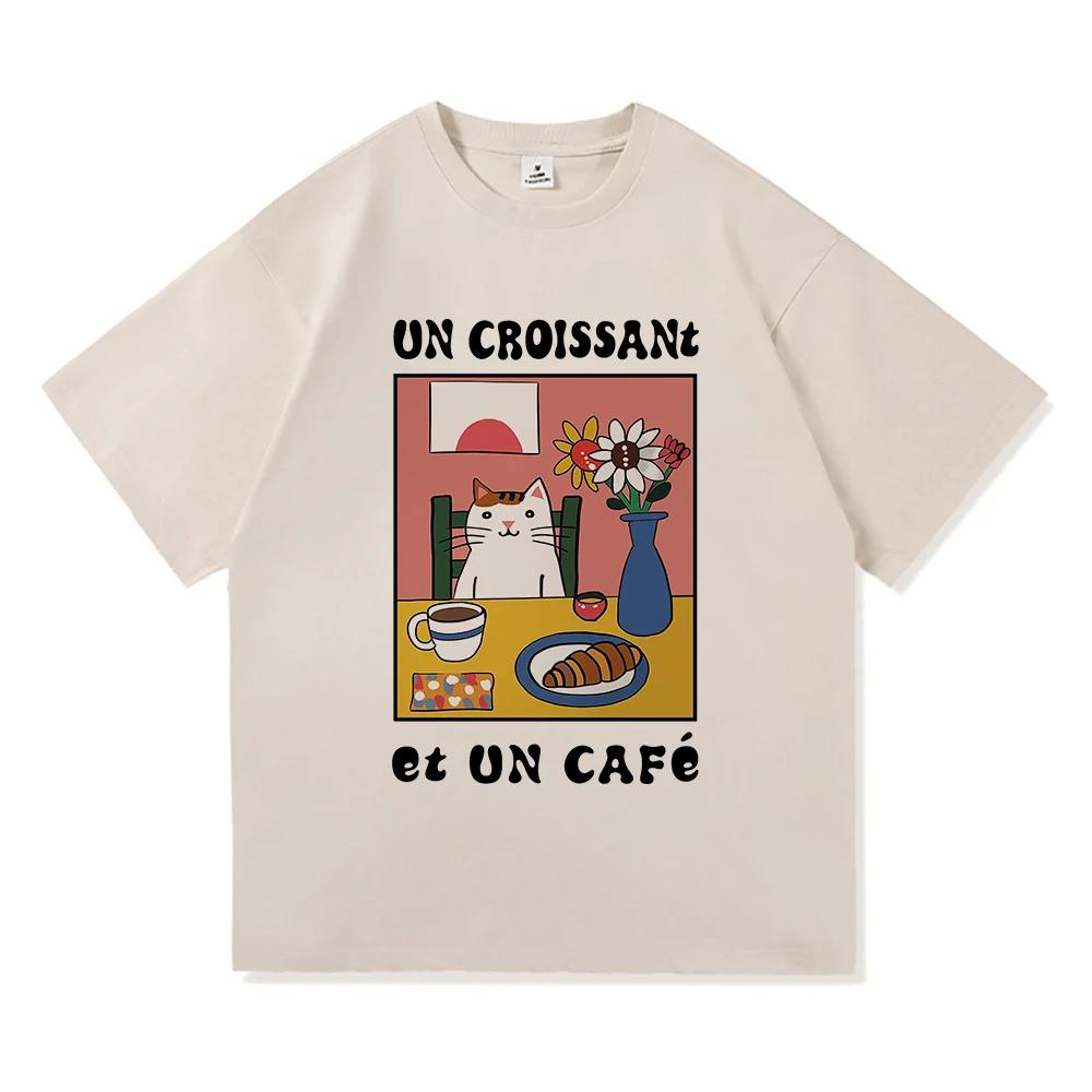 French Cafe Cat T Shirt Fashion Women Summer Funny Letter Un Croissant Et Un Cafe Tshirt High Quality Casual Cotton Tees Shirts