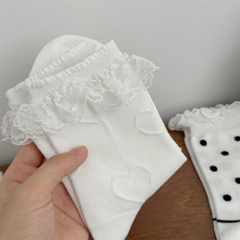 2 Pairs of Sweet Lace-trimmed Boneless Mid-calf Socks, Spring and Summer Polka Dot White Socks, Simple Women's Socks