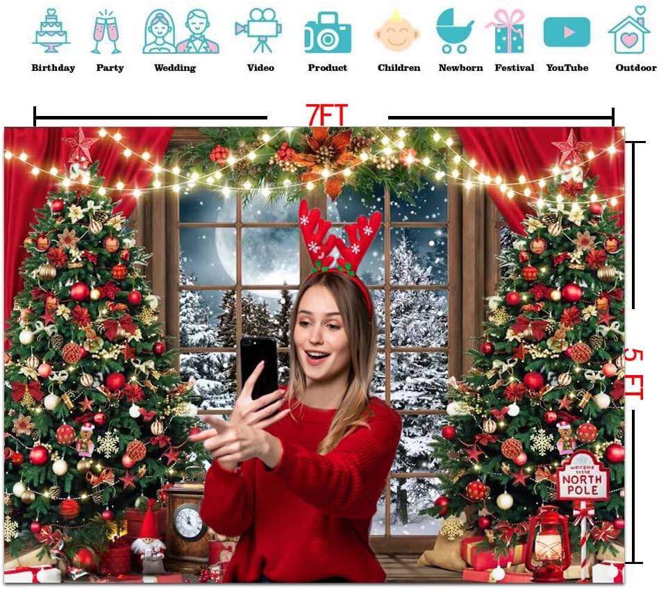 7x5ft Christmas Backdrop - Xmas Window Photography Backdrop - Winter Dream Wonderland Snow Tree Red Curtain Christmas Festival Party Banner