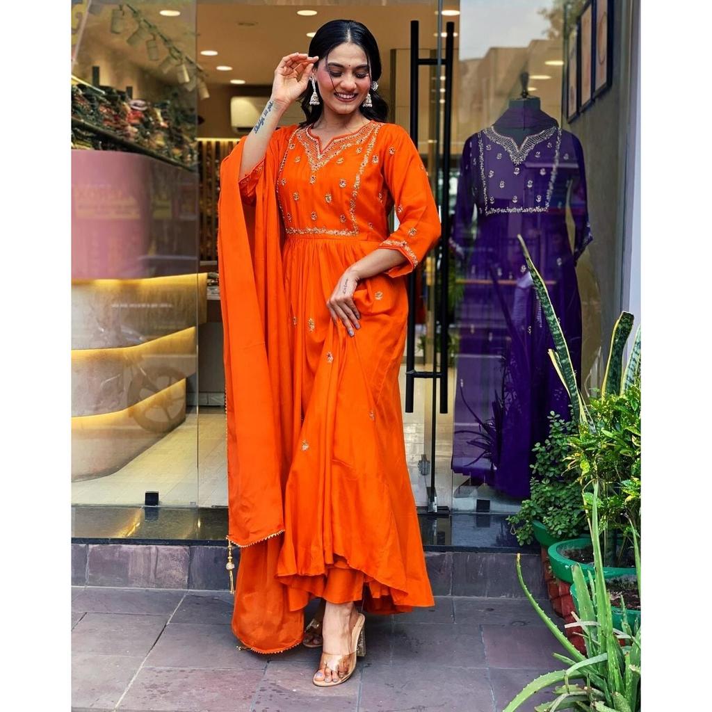 Women Anarkali Long Gown Kurta Pant Dupatta Set Party Wear Top Tunic Kurti Dress VF-20252a