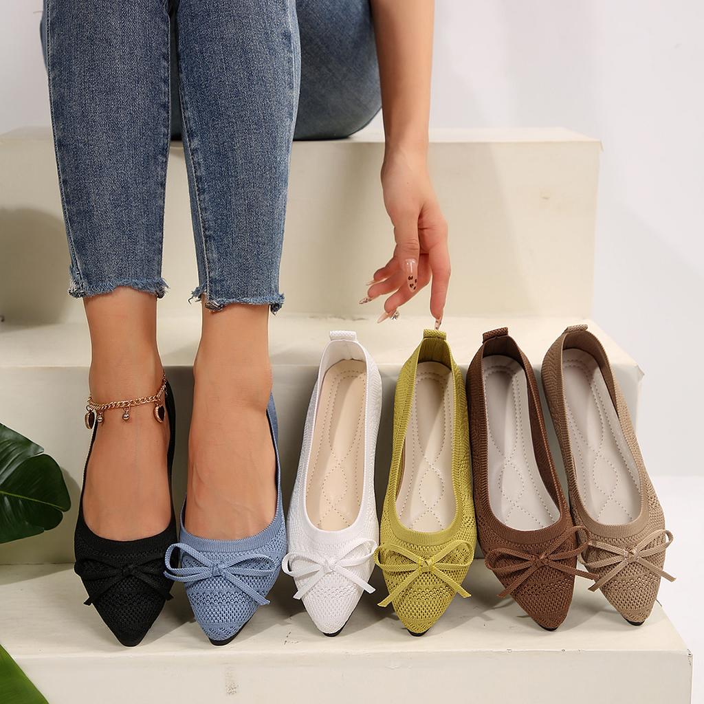 Fashion Pointed Bow Flying Flat Shoes Women's 2025 New Summer Casual Bean Shoes Knitted Soft Sole Knitted Women's Shoes Large Size 43