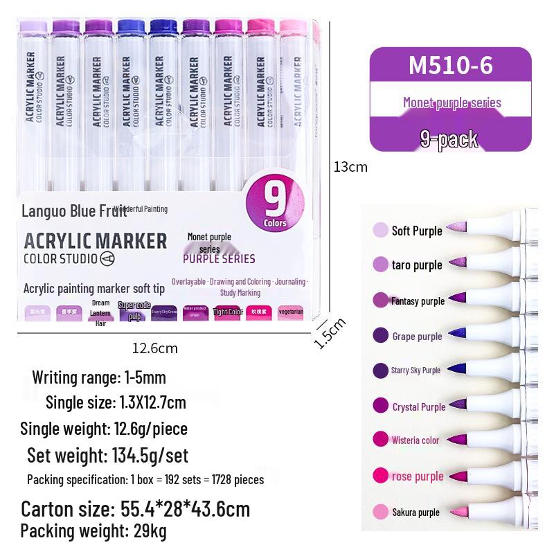 Blue Fruit M510 Soft Head Acrylic Marker Pen Set - 9 Colors for Art, Painting, and Graffiti