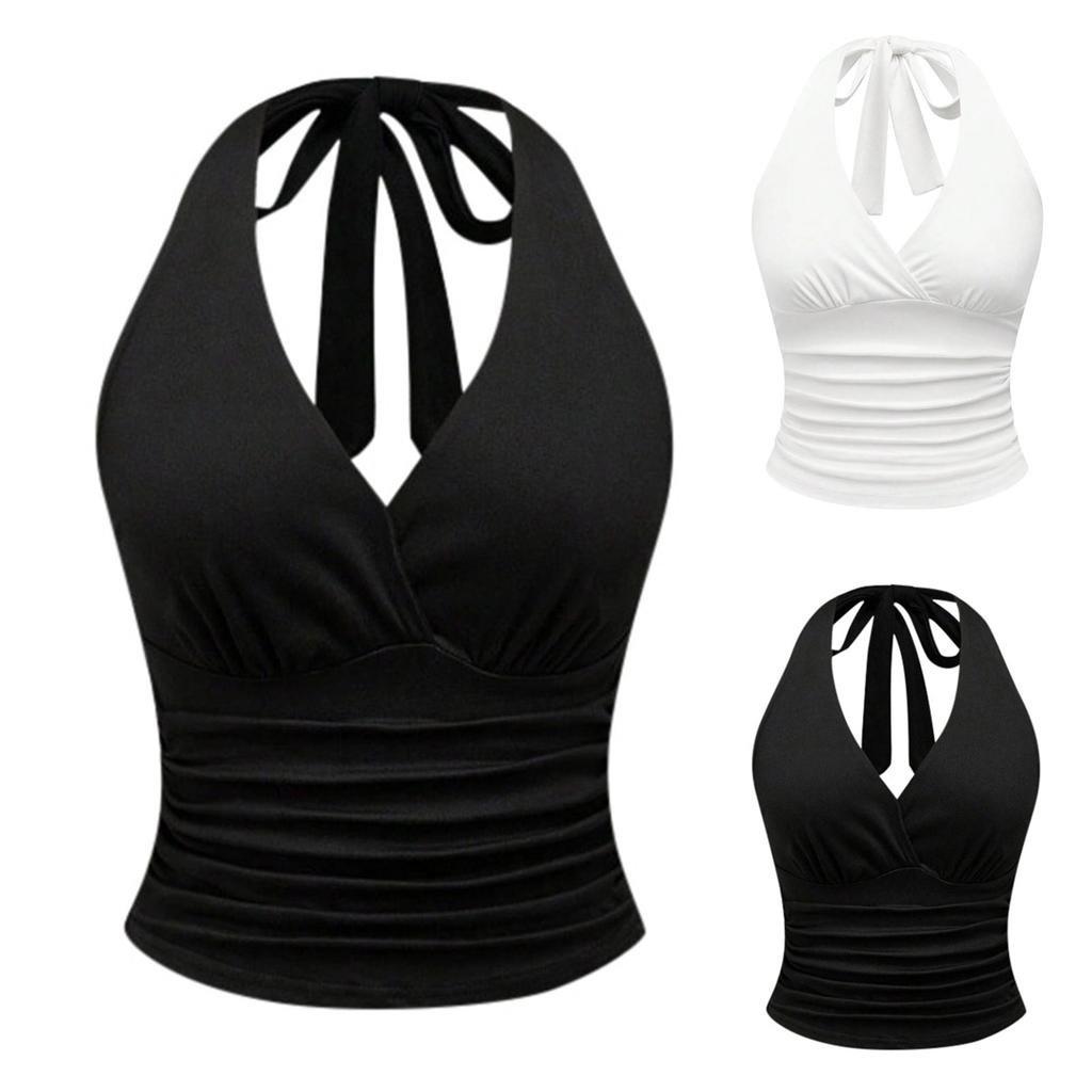 Women's Retro Backless Hanging Neck V-neck Solid Color Sleeveless Vest Top