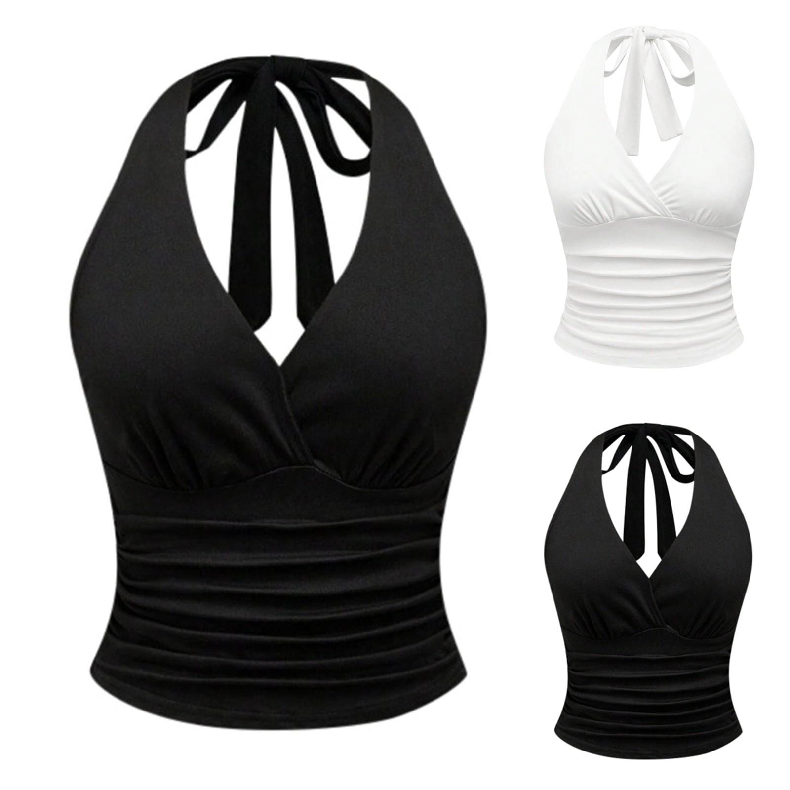 

Women s Retro Backless Hanging Neck V-neck Solid Color Sleeveless Vest Top L білий