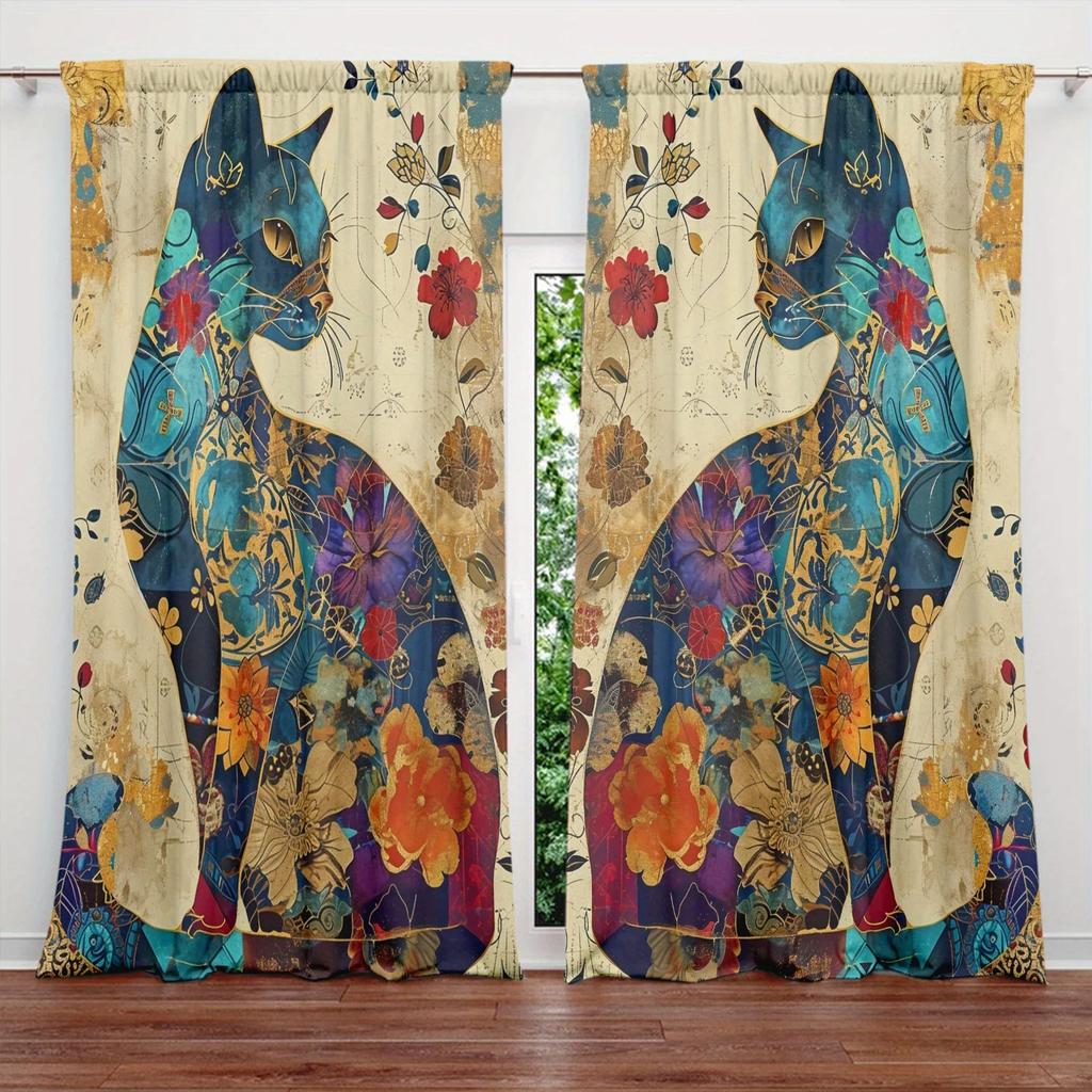 2pcs Artistic Cat Printed Curtain for Home Decor - Rod Pocket Window Treatment for Bedroom,Office,Kitchen,Living Room,and Study