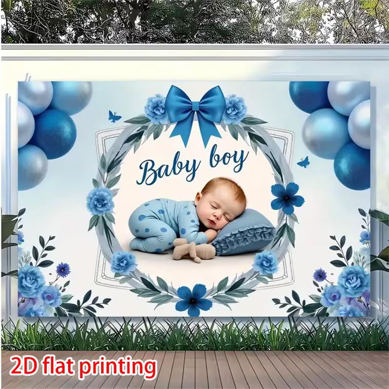 

Newborn Boy Welcome Backdrop, Blue Floral Wreath and Balloons Design for Baby Shower Decoration 47.2x31.5inch/120*80cm