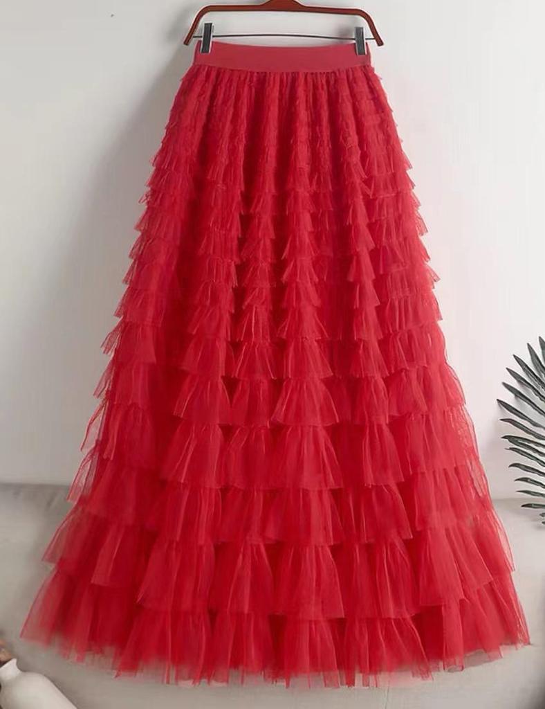 "2024 Frühling/Sommer Lotusblatt Mesh Puffrock": Gespleißt, Schlank, Von Prominenten inspiriert, Lang, Sexy Kuchenstil"