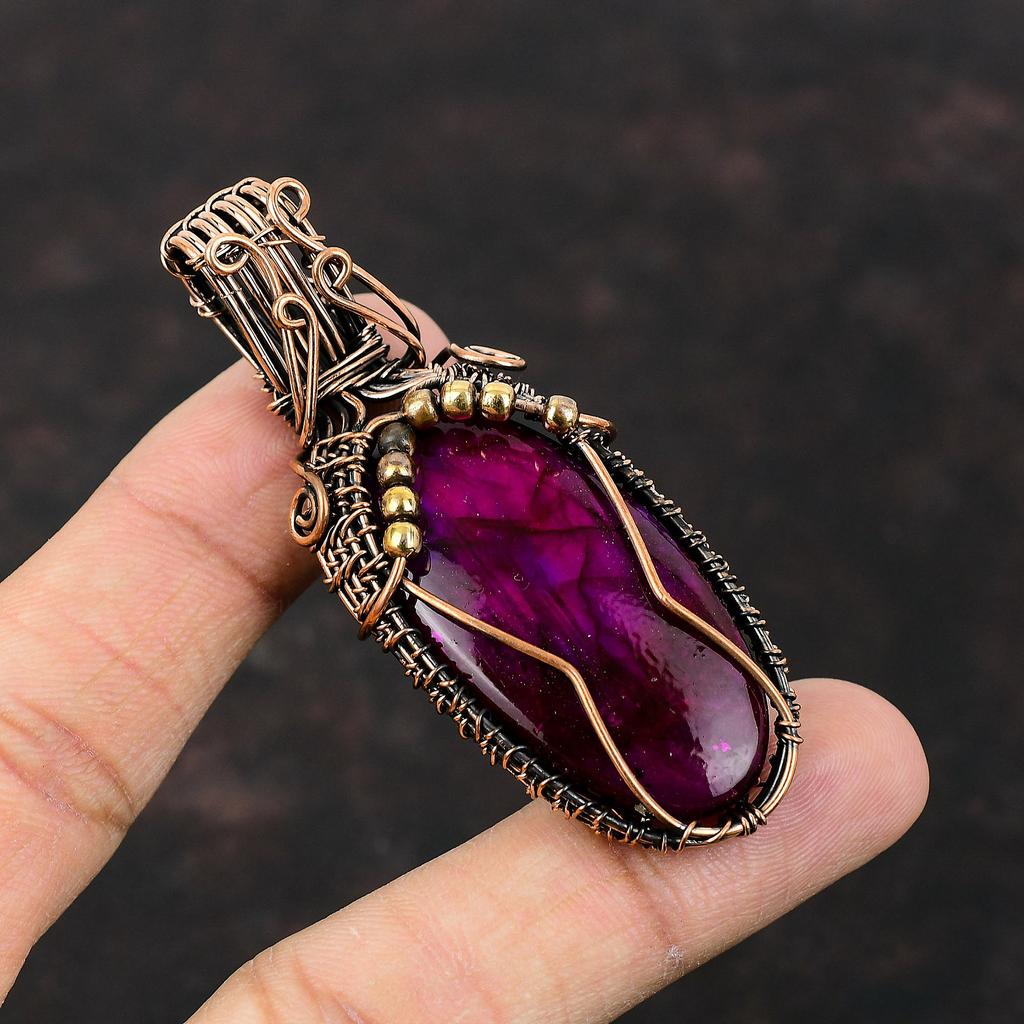 Lila Feuer Labradorit Anhänger Kupferdraht umwickelter Anhänger Handgefertigter Stilvoller Anhänger Kupferschmuck Zum Geschenk Drahtumwickelter Edelsteinschmuck