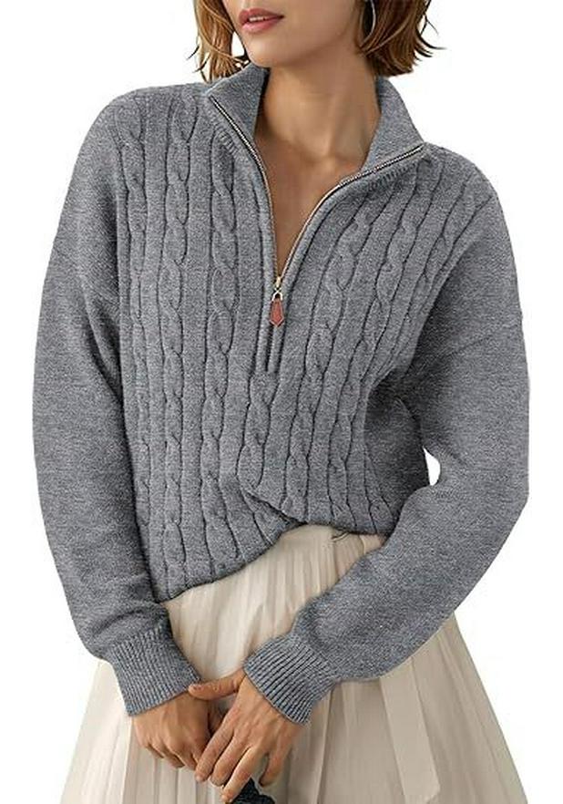 Women's Half-High Collar Zipper Ribbed Knit Pullover Sweater, Short-Sleeve, Loose Fit, 2025 Autumn/Winter Collection.
