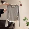 Women's Fake Two-Piece Pleated Long Sleeve T-Shirt