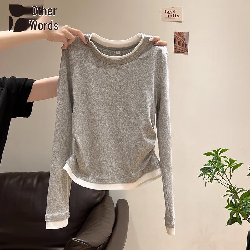 Women's Fake Two-Piece Pleated Long Sleeve T-Shirt